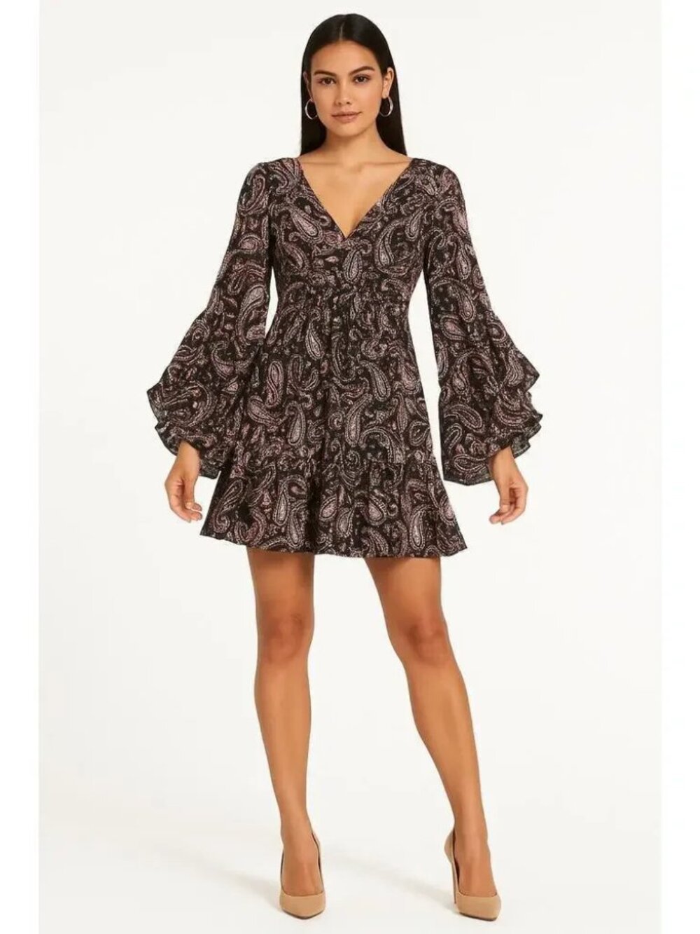EUC Betsey Johnson Black Paisley Kimono Sleeve Boho Dress Size 10